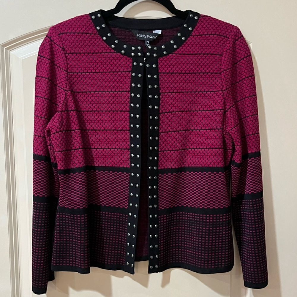 MING WANG Embroidered Studded Open Front Cardigan Pink Black Women’s Size SP